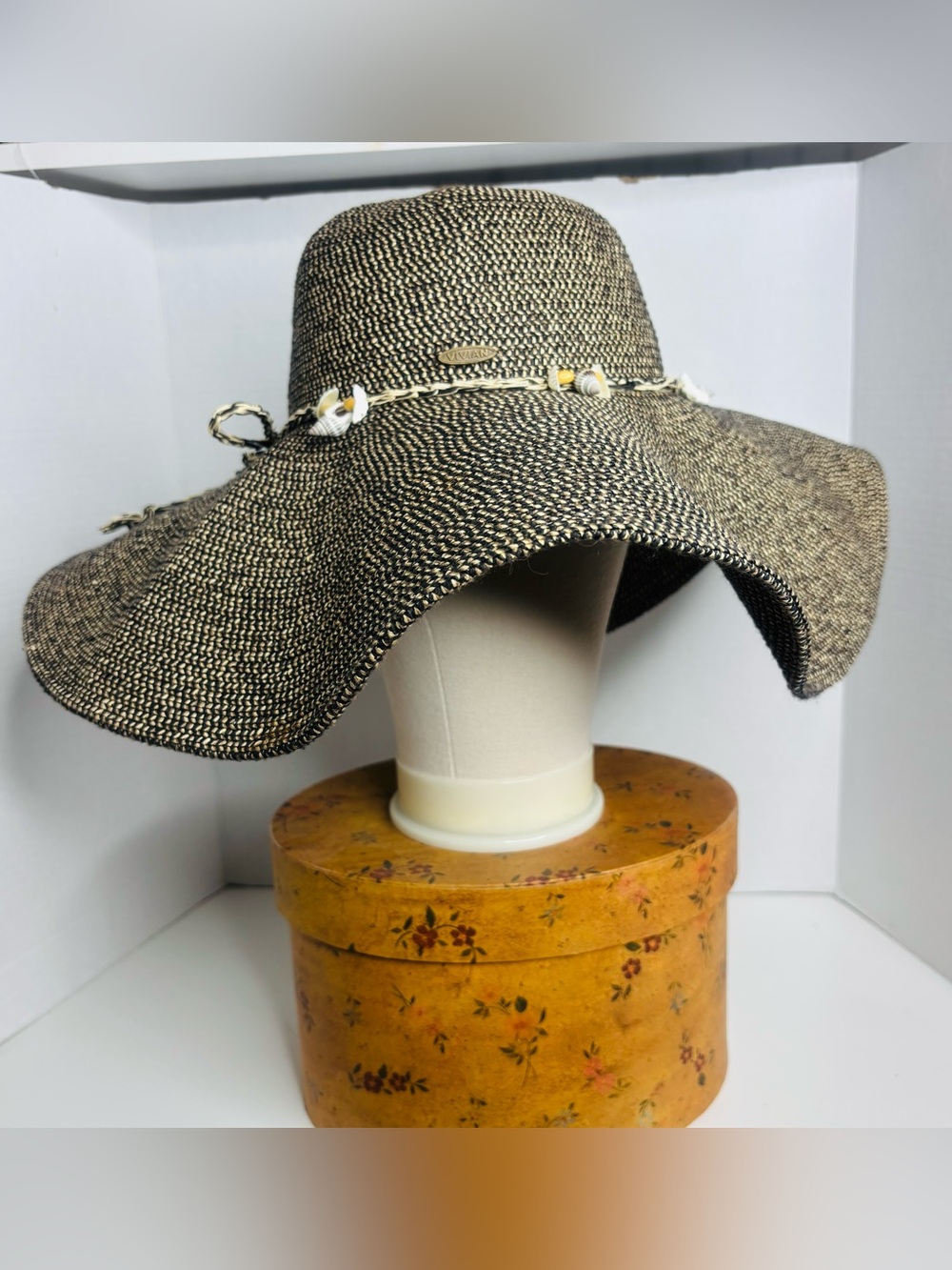 Wide-Brim Floppy Sun Hat in Black & Natural with Braided Accent